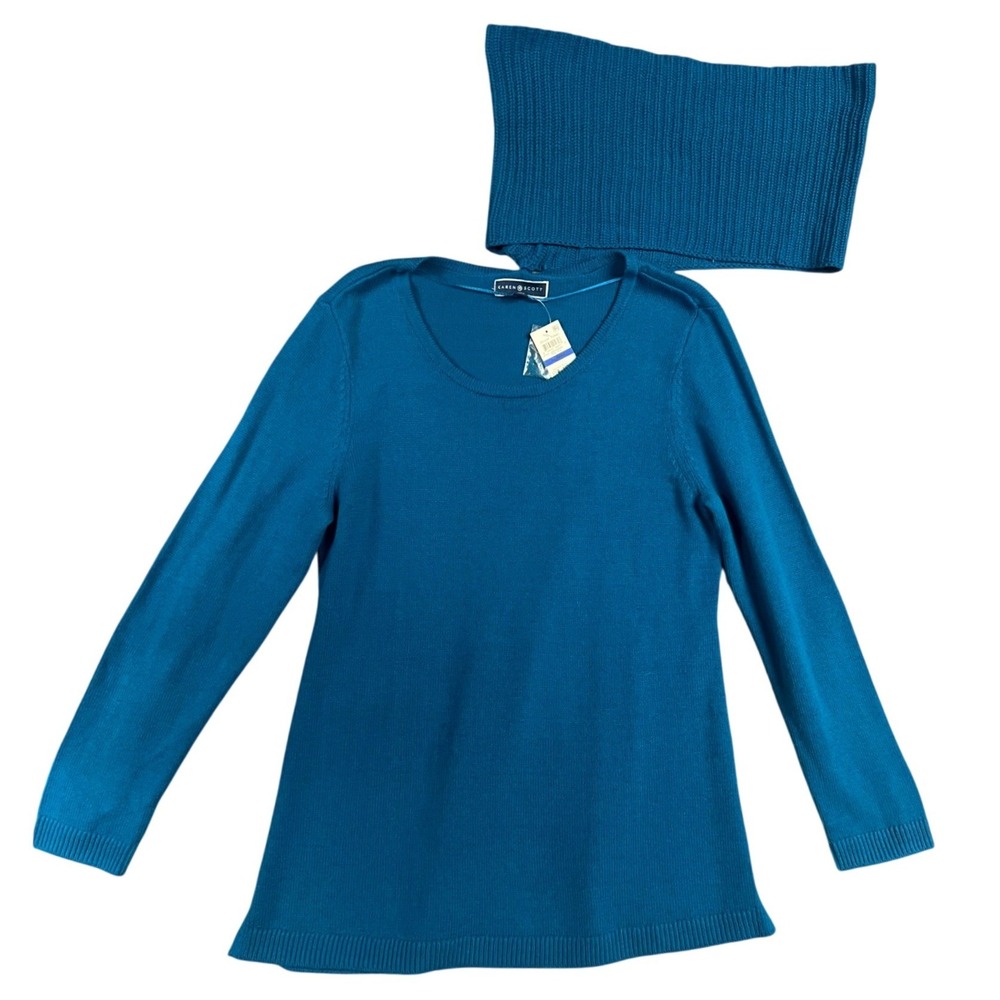 Karen Scott Tunic Sweater XL True Teal Long Sleeve Matching Scarf Cotton 2PC New